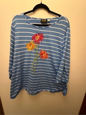 Bob Mackie Blue and White Striped Long Sleeve Top with Floral Embroidery